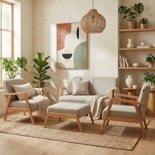 Zem Pavia Çay Seti Natürel Ahşap, Sütlü Kahve (1ADET IKİLİ BERJER 2ADET TEKLİ BERJER 1ADET PUF)