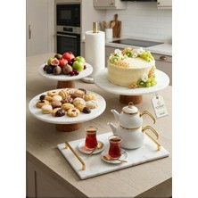 Hüco Bazaar 3 Boy Ahşap Ayaklı Mermer Sunumluk Kek Kurabiye Standı, Havluluk, Söz Nişan Tepsisi(5'li Mermer Set)