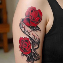 Bontexs ​3 Boyutlu Realistik Kırmızı Gül ve "miss You" Yazılı Geçici Dövme​gölgeli Efektli Canlı Kırmızı Gül Tasarımlı Suya Dayanıklı Dövme