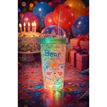 Marsilyan Bear Suluk Pipetli Buzlu Cam Görünümlü LED Işıklı 450 ml Çift Katman Mika 2093 Yeşil