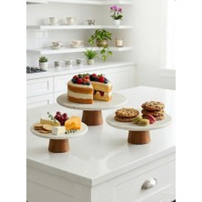 Hüco Bazaar 3 Boy Ahşap Ayaklı Şık Doğal Mermer Kek Kurabiye Standı Sunum Tepsisi (19-25-28 Cm)