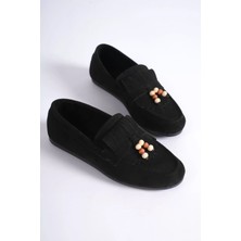 Fresco Scarfs Kadın Siyah Süet Boncuk Detaylı Püsküllü Loafer Ayakkabı Rahat Günlük TR19MS03A