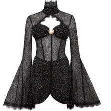 Aura Modist Taş Işlemeli Dantel Detaylı Ispanyol Kol Mini Gece Elbisesi S - Beyaz