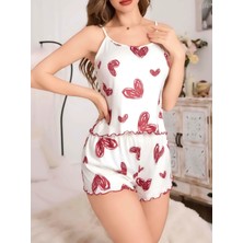 MR OWL Kadın Beyaz Kalp Desenli Şortlu Gecelik Pijama Takımı 5052