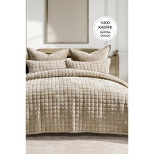 Evien Home %100 Kadife Yatak Örtüsü Stacy Yorgan Uyku Seti Çift Kişilik Kalın Elyaf Dolgulu 3 Parça Bej