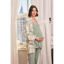 Aria's Closet Arias Closet Çiçek ve Yaprak Desenli Dantelli Hamile Lohusa 3'lü Pijama Takımı