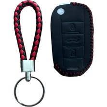Autohan Keys Peugeot Anahtar Kılıfı Için Uyumlu, Siyah Deri, Kırmızı Örgülü, 3 Butonlu, Sustaıı Tasarım, 301 307 308 208 508 2008 3008 Partner Van Modelleri