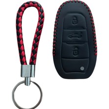 Autohan Keys Deri Anahtar Koruma Kılıfı Peugeot 308, 508, 2008, 3008, 4008, 5008, Rifter, Grandland x Için, Siyah Kırmızı Örgülü Desen, Anahtarlık Dahil