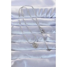 Moresun Buğz 316L Gümüş Renk Zirkon Taşlı Işlemeli Göz Detay Kalp Kolye - Buğz