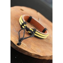 Moresun Buğz Metal Aksesuarlı Sarı Siyah Renk Deri Erkek Bileklik - Buğz