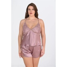 Aria's Closet Arias Closet Büyük Beden Dantel Işlemeli Vizon Saten Şort Takımı