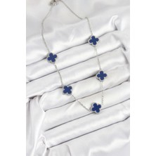 Moresun Buğz 316L Çelik Zincir Gümüş Lacivert Renk Yonca Kadın Kolye - Buğz