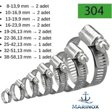 Marinox Paslanmaz Hortum Kelepçesi Seti Aısı 304 Marine Inox Ayarlanabilir Karışık Set
