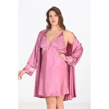 Aria's Closet Arias Closet Premium Büyük Beden Saten Dantel Işlemeli Gül Kurusu 2'li Gecelik Sabahlık Takımı Bigsize