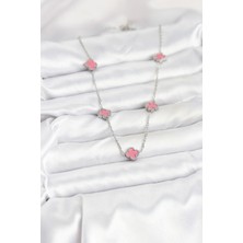 Moresun Buğz 316L Çelik Zincir Gümüş Renk Pembe Baby Boy Yonca Kadın Kolye - Buğz