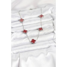 Moresun Buğz 316L Çelik Zincir Gümüş Renk Bordo Renk Yonca Kadın Kolye - Buğz