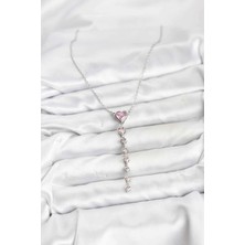 Moresun Buğz 316L Çelik Zincir Gümüş Renk Pembe Kalp Kadın Kolye - Buğz