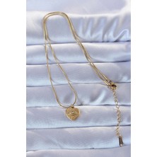 Moresun Buğz 316L Altın Renk Zirkon Taşlı Işlemeli Göz Detay Kalp Kolye - Buğz