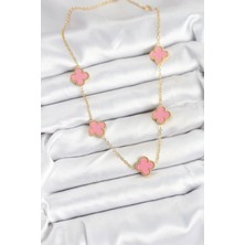 Moresun Buğz 316L Çelik Zincir Gold Pembe Renk Yonca Kadın Kolye - Buğz