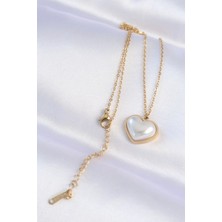 Moresun Buğz 316L Çelik Zincir Gold Renk Beyaz Taşlı Bubble Kalp Kolye - Buğz