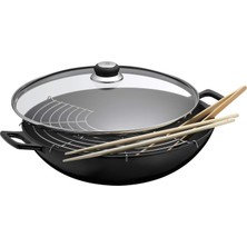 Wmf Dökme Demir Wok 36 Cm, Cam Kapaklı Indüksiyon Wok, Yemek Çubukları, Maşa, Saklama Rafı, Emaye Dökme Demir, Cam
