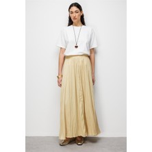 Mizalle Sarı Kırışık Görünümlü Saten Maksi Etek