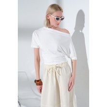 Maule Tek Omuz Kayık Yaka Soft Touch Premium Yarasa Kısa Kollu Örme Kadın Tişört Bluz @emilia