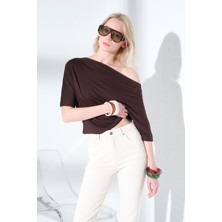 Maule Tek Omuz Kayık Yaka Soft Touch Premium Yarasa Kısa Kollu Örme Kadın Tişört Bluz @emilia