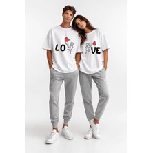Nevermind Sevgili Kombini Love Baskılı Çift Tişört Oversize Unisex Partner Kombin Seti