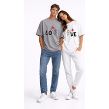Nevermind Sevgili Kombini Love Baskılı Çift Tişört Oversize Unisex Partner Kombin Seti