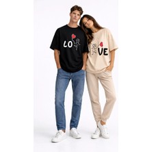 Nevermind Sevgili Kombini Love Baskılı Çift Tişört Oversize Unisex Partner Kombin Seti