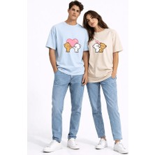 Nevermind Sevgili Kombini Ayıcık Kalp Baskılı Çift Tişört Oversize Unisex Partner Kombin Seti