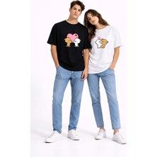 Nevermind Sevgili Kombini Ayıcık Kalp Baskılı Çift Tişört Oversize Unisex Partner Kombin Seti