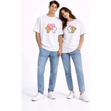 Nevermind Sevgili Kombini Ayıcık Kalp Baskılı Çift Tişört Oversize Unisex Partner Kombin Seti