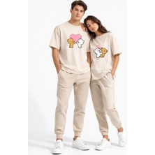 Nevermind Sevgili Kombini Ayıcık Kalp Baskılı Çift Tişört Oversize Unisex Partner Kombin Seti