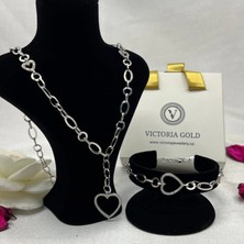 Victoria 925 Ayar Gümüş Kalp Figürlü Kolye ve Bileklik Seti – Zirkon Taşlı Şık Takı Seti