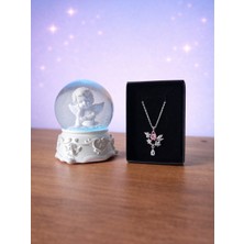 Rüya Kıyısı Orta Boy Işıklı Melek Kar Küresi & Pinterest Süslemeli Çiçek Detaylı Kolye – Vintage Hediye Seti