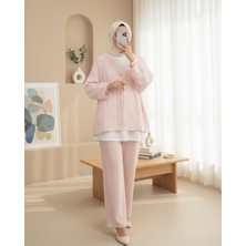 Modamorfo Saçaklı Tek Düğmeli Kare Desenli Kimona -Pudra