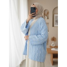 Modamorfo Saçaklı Tek Düğmeli Kare Desenli Kimona -Bebe Mavi