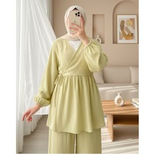 Moda Morfo İçten Bağlamalı Tunik Bol Paça Pantolonlu Takım -Yağ Yeşili
