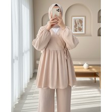 Modamorfo Içten Bağlamalı Tunik Bol Paça Pantolonlu Takım -Vizon