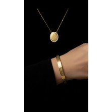 TrendyX Taşlı Oval Kolye ve Ayetel Kürsi Bileklik Seti Gold Çelik Takı