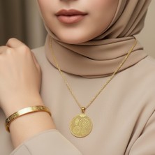 TrendyX Çoklu Dua Kolye ve Ayetel Kürsi Bileklik Seti Gold Çelik Şık Takı Seti