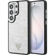 Galaxy S26 Ultra Kılıf Guess Lisanslı M-Safe Metal Kamera Çerçeveli Üçgen Logolu Glitter Kapak Gümüş