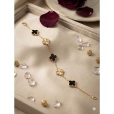 Meneva Aksesuar Siyah Mineli 5’li Yonca Altın Gold Renk Zincirli Paslanmaz Çelik Bileklik