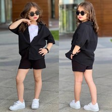 Rapapa Kız Çocuk Siyah  Müslin 3 Parça Takım – Gömlek, Şort ve Atlet Yazlık Rahat Kombin 7002