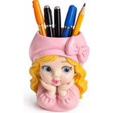 El Yapımı Taş Tozu Döküm Dekoratif Kız Figürlü Kalemlik Masaüstü Organizer -Orange