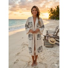 Trend Nexus Çift Kat %100 Pamuk Müslin  Taş Baskı Kimona Kaftan Sabahlık