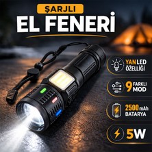 Badem10 Şarjlı Pil Göstergeli LED El Feneri Yan LED 5W 2500 Mah USB Type C Şarjlı Güçlü Işık Kamp Feneri