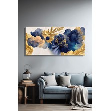 Şehber Panoramik Yatay Kanvas Duvar Tablosu Tekli Salon Mutfak Yatak Odası Ofis Soyut Mavi Gold Çiçekler